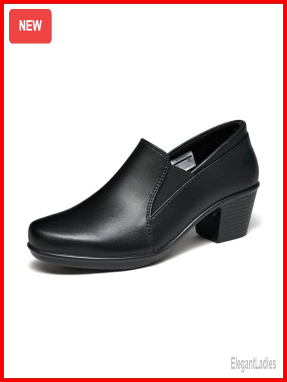 Women's Leather Chunky Heel Loafers Slip-On Pumps for Work Office